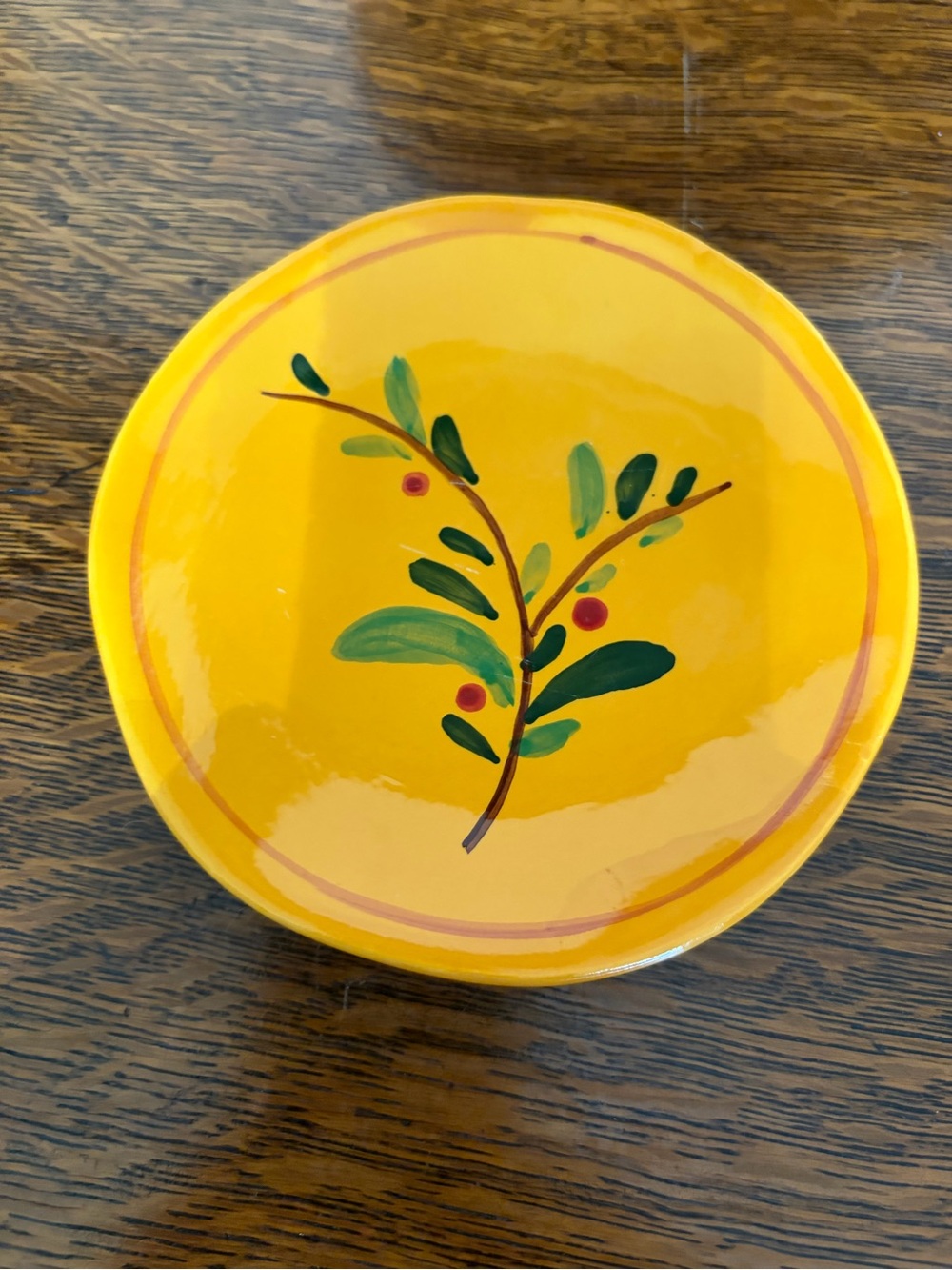 Yellow Hand-Painted 5” Decorative Ceramic Plate with Green Leaf Motif